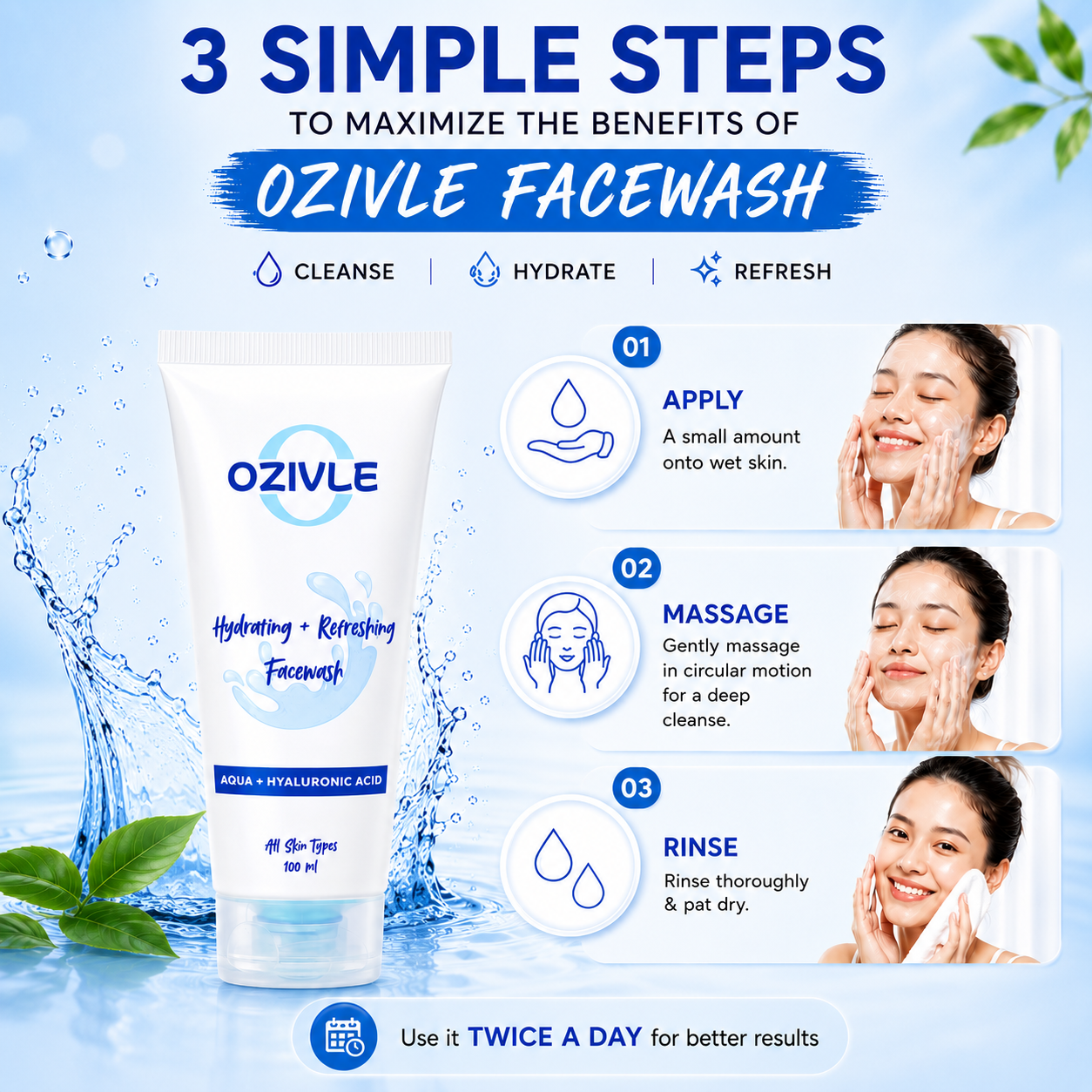 Aqua + Hyaluronic Acid Facewash β Deep Hydration for All Skin Types β 100ml (New Packaging)