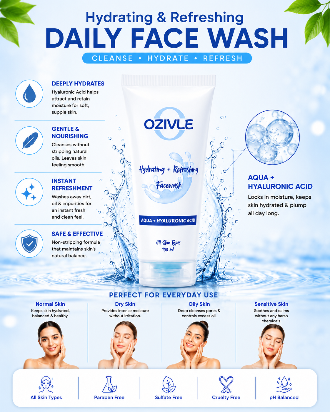 Aqua + Hyaluronic Acid Facewash – Deep Hydration for All Skin Types – 100ml (New Packaging)