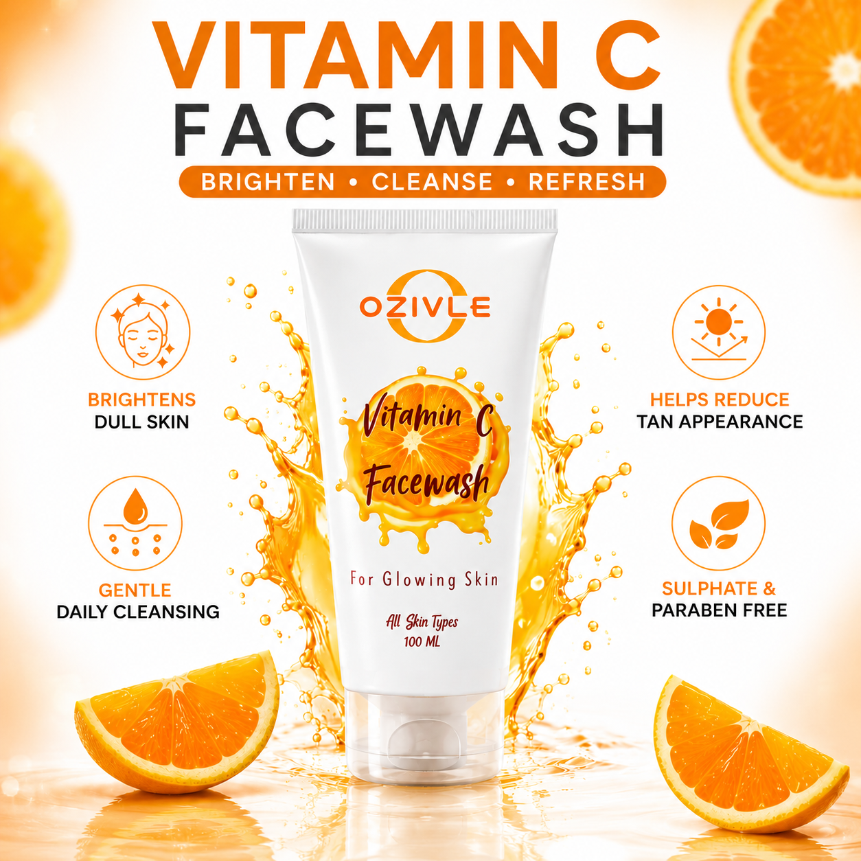 Vitamin C Facewash – Brightening Face Wash for Glowing Skin – Paraben & Sulphate Free – For All Skin Types – 100ml (New Packaging)
